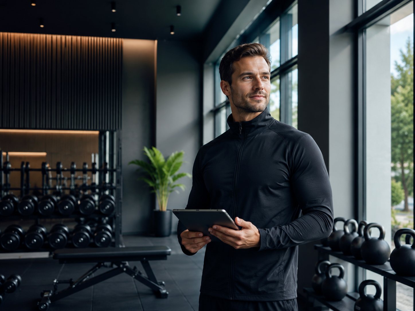 Fitnessstudio-Mitarbeiter arbeitet mit CRM und digitalen Tools